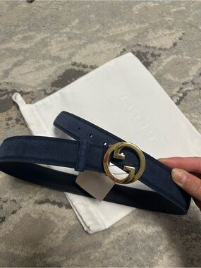 Gucci Navy Suede Belt with Gold Interlocking G Buckle